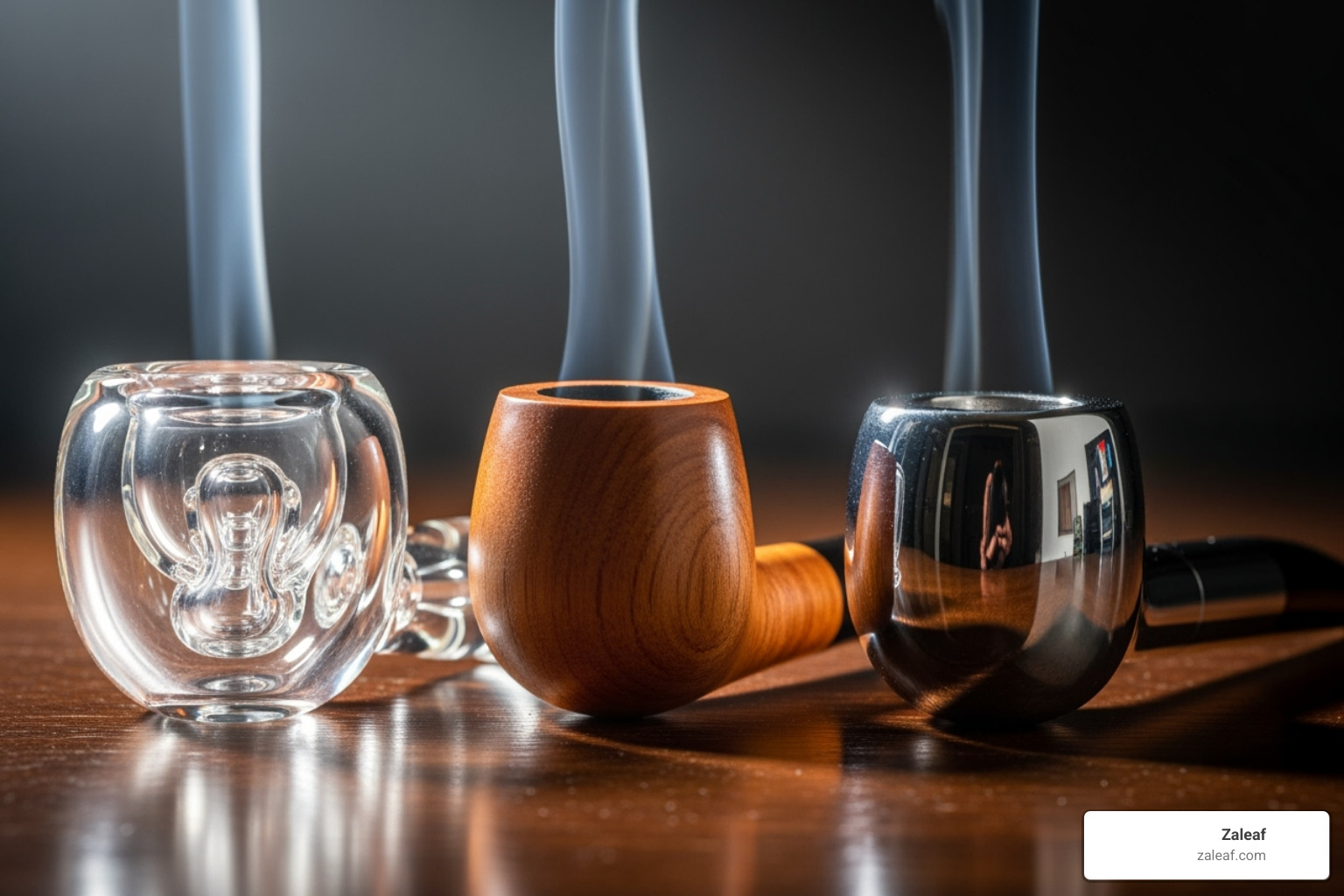Three pipes side-by-side, one glass, one wood, one metal, showcasing different material properties - pot pipe