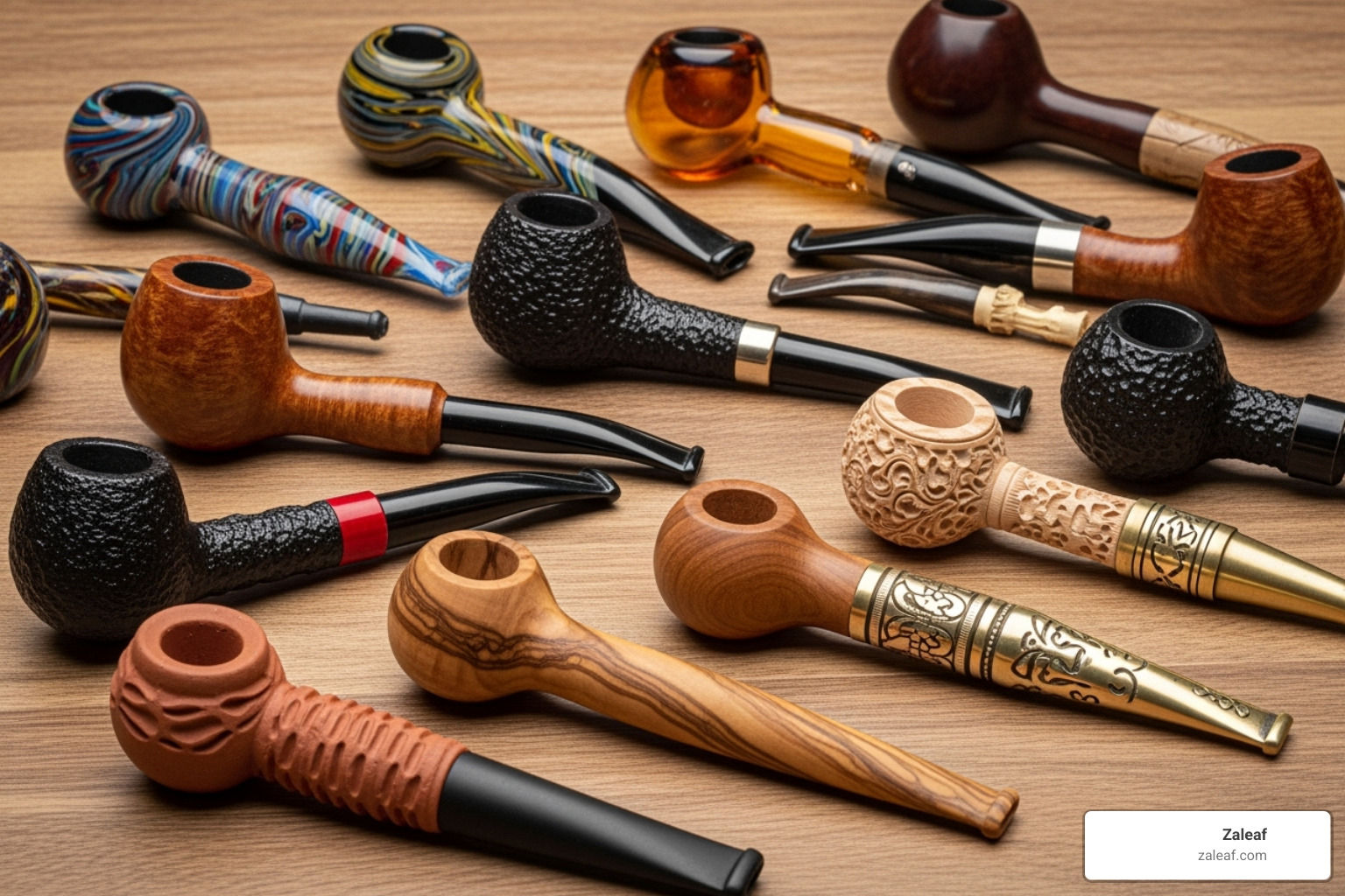 A collection of different hand pipes including spoon pipes, sherlocks, and chillums, showcasing their unique forms - pot pipe