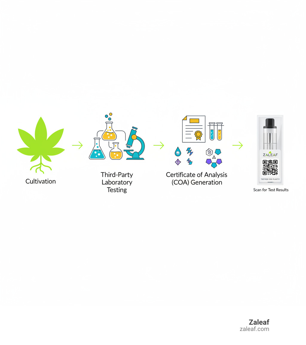 Infographic showing the complete journey from cannabis plant cultivation through extraction, purification, third-party laboratory testing for contaminants and cannabinoids, Certificate of Analysis generation, and final packaged vape product with QR code linking to test results - tested for purity infographic  Infographic showing the complete journey from cannabis plant cultivation through extraction, purification, third-party laboratory testing for contaminants and cannabinoids, Certificate of Analysis generation, and final packaged vape product with QR code linking to test results - tested for purity infographic