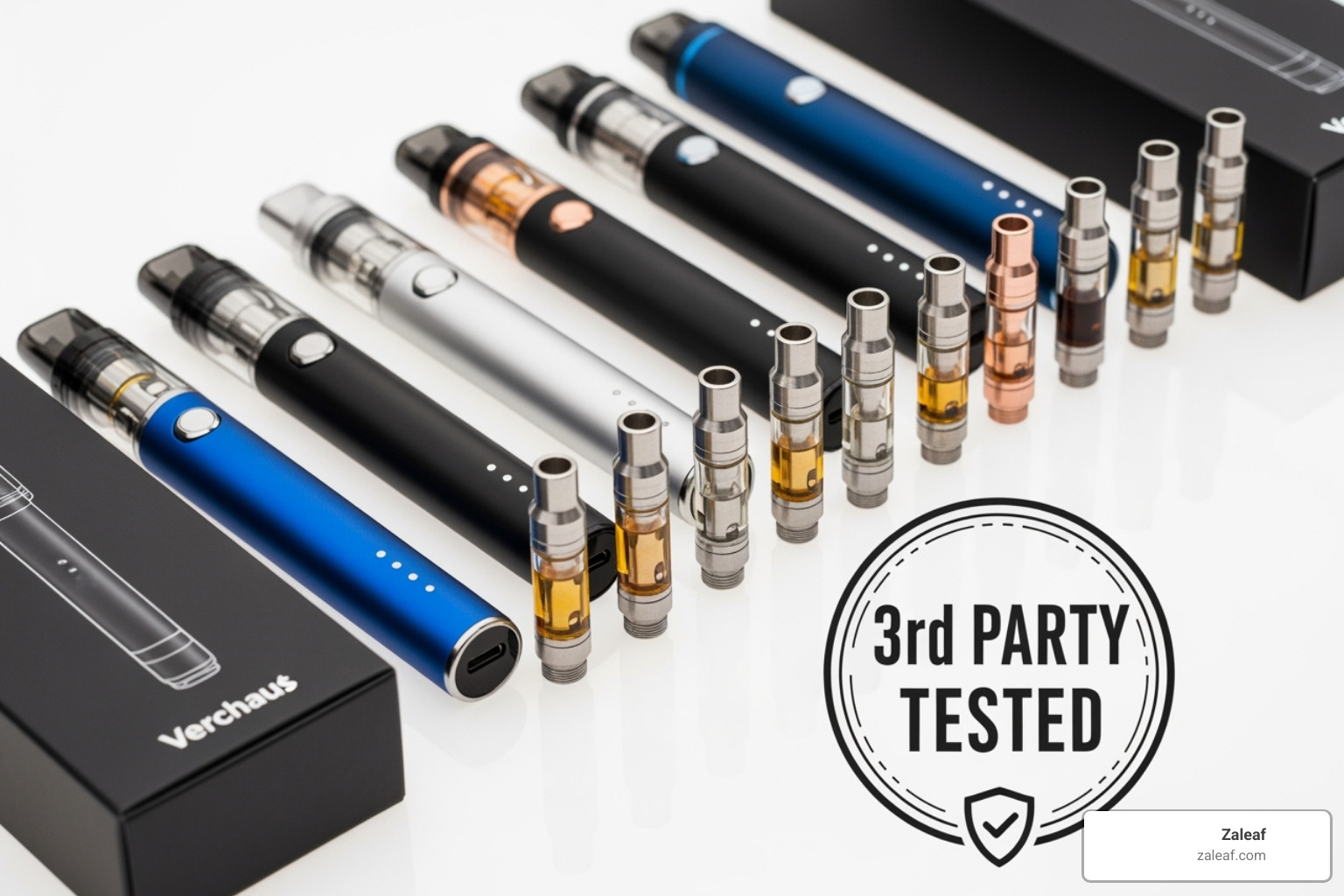 Image of the Zaleaf product line with a "3rd Party Tested" seal - tested for purity Image of the Zaleaf product line with a "3rd Party Tested" seal - tested for purity
