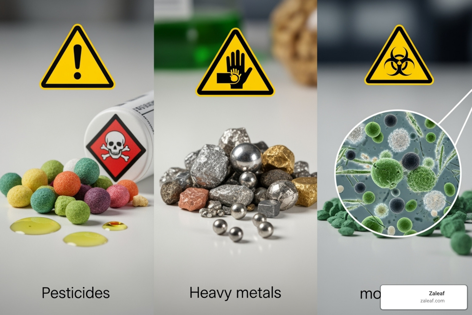 Image of common contaminants like pesticides, heavy metals, and mold spores with warning symbols - tested for purity Image of common contaminants like pesticides, heavy metals, and mold spores with warning symbols - tested for purity