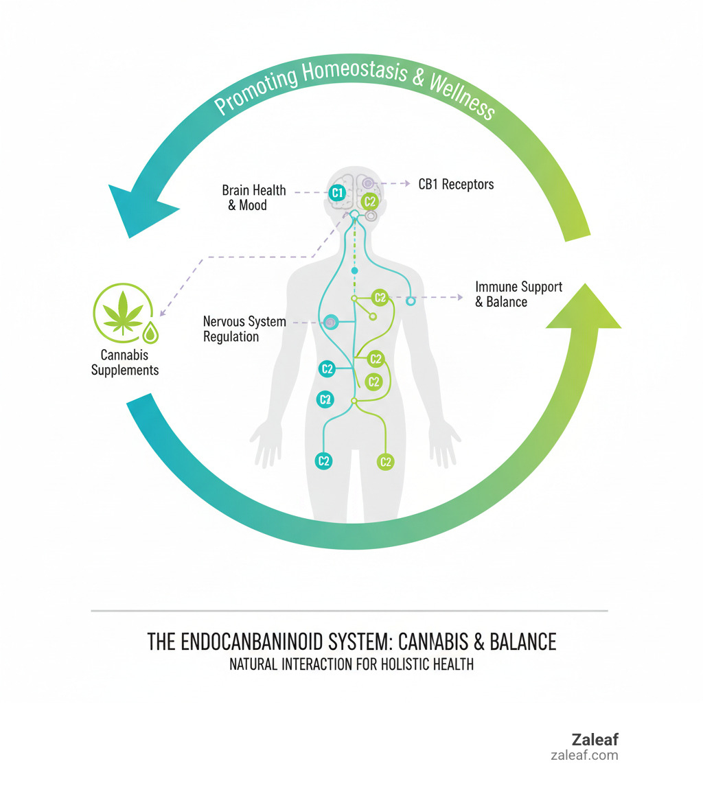 Infographic showing the endocannabinoid system with CB1 and CB2 receptors throughout the human body, illustrating how cannabis supplements interact with receptors in the brain, nervous system, and immune system to promote balance and wellness - cannabis supplements infographic 