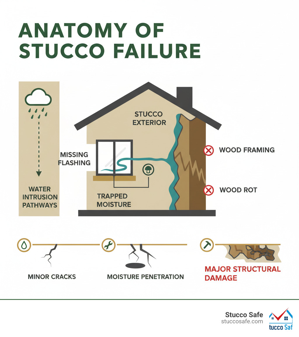 Infographic showing the anatomy of stucco construction defects including water intrusion pathways through missing flashing, trapped moisture behind stucco layers, wood rot in framing, and the progression from minor cracks to major structural damage - stucco construction defects infographic 