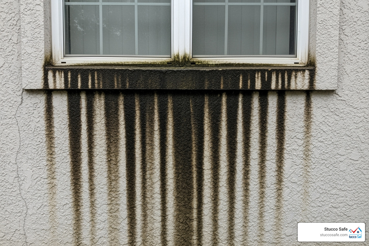 water staining and discoloration around a window - stucco construction defects