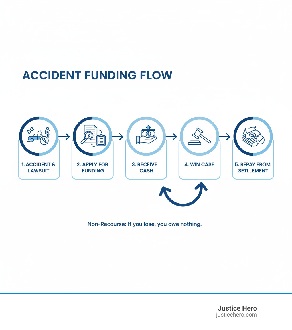 Infographic showing the basic flow of pre-settlement accident funding: from accident to lawsuit, applying for funding, receiving cash, winning the case, and finally repaying the advance from the settlement. - pre settlement loan accident infographic Infographic showing the basic flow of pre-settlement accident funding: from accident to lawsuit, applying for funding, receiving cash, winning the case, and finally repaying the advance from the settlement. - pre settlement loan accident infographic