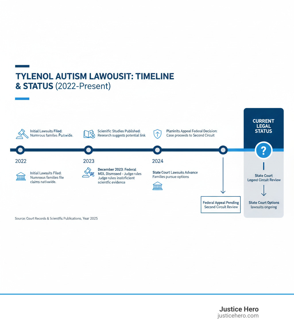 Infographic showing the timeline of the Tylenol autism lawsuit from 2022 to present, including key court decisions, study publications, and current legal status with both federal appeals and state court options - tylenol autism lawsuit infographic 