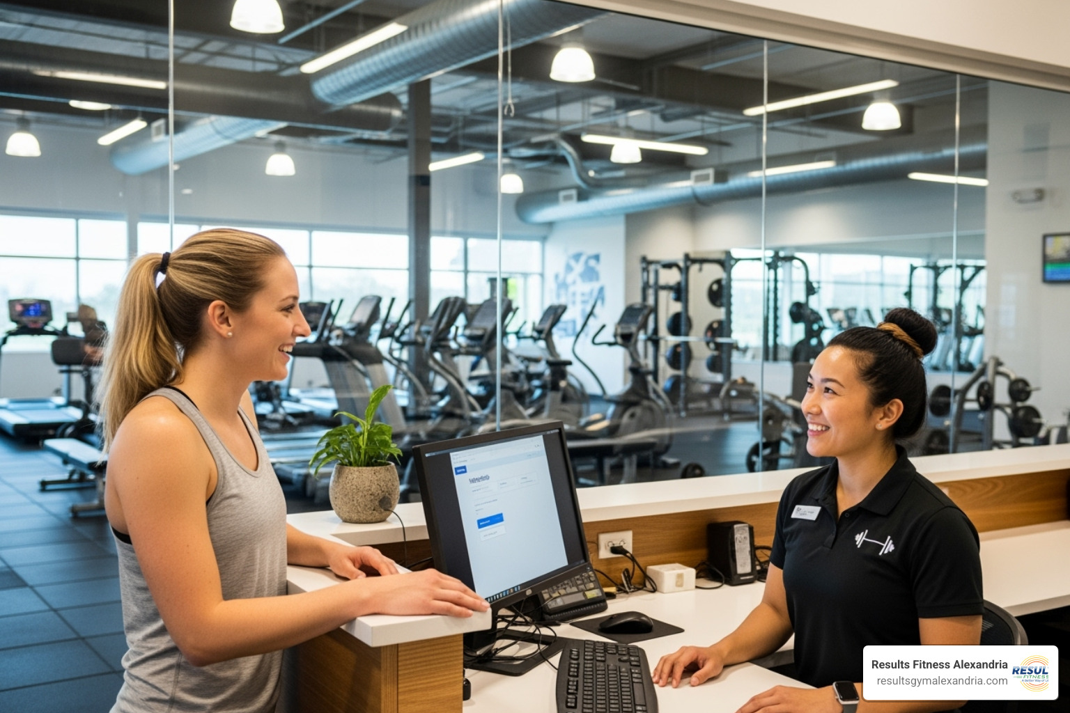 Image of a woman talking to a friendly gym staff member at a front desk - female gyms near me Image of a woman talking to a friendly gym staff member at a front desk - female gyms near me