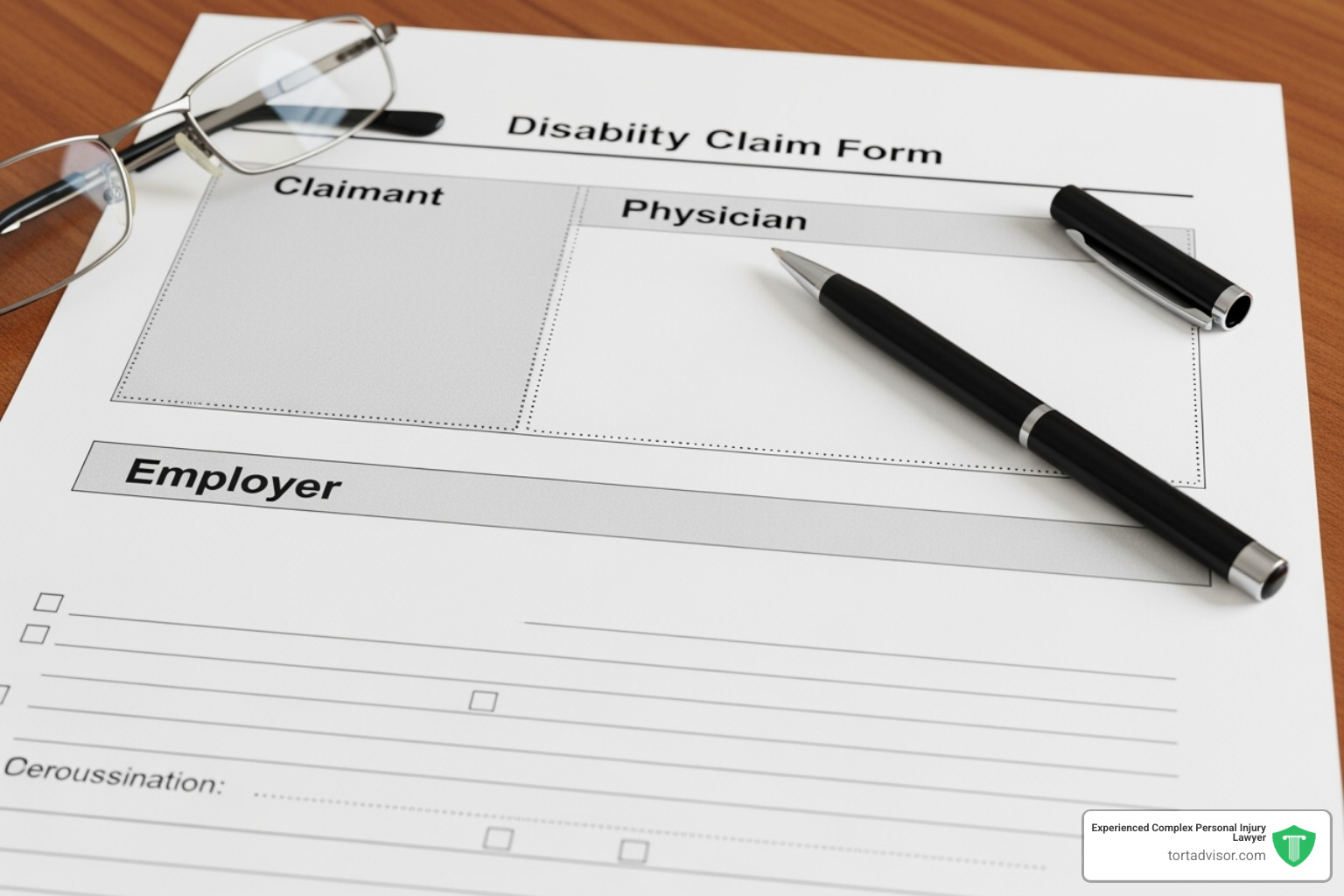 close-up on a form with sections for claimant, employer, and physician highlighted - Disability claim forms close-up on a form with sections for claimant, employer, and physician highlighted - Disability claim forms