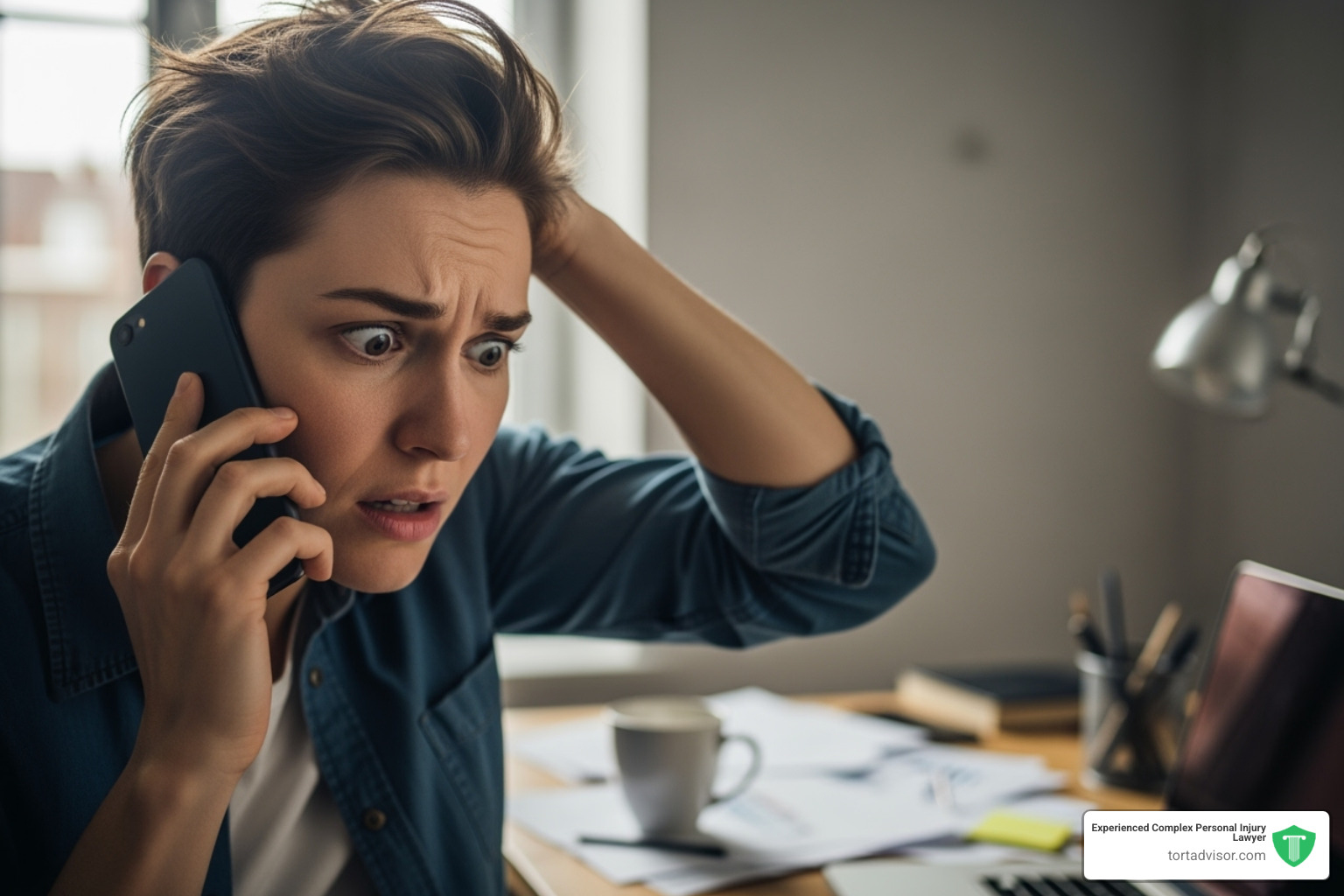 Image of a person looking stressed while on the phone with an insurance adjuster - truck accident attorney Oklahoma Image of a person looking stressed while on the phone with an insurance adjuster - truck accident attorney Oklahoma
