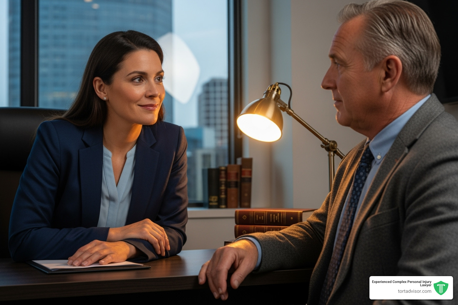 lawyer compassionately listening to a client in an office setting - personal injury attorney Missouri