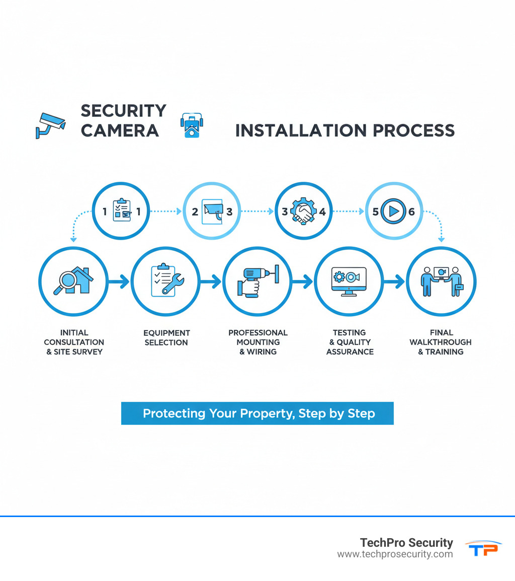 Step-by-step security camera installation process from initial consultation through site survey, equipment selection, professional mounting and wiring, system configuration, testing, and final walkthrough with customer training - security cameras install near me infographic 
