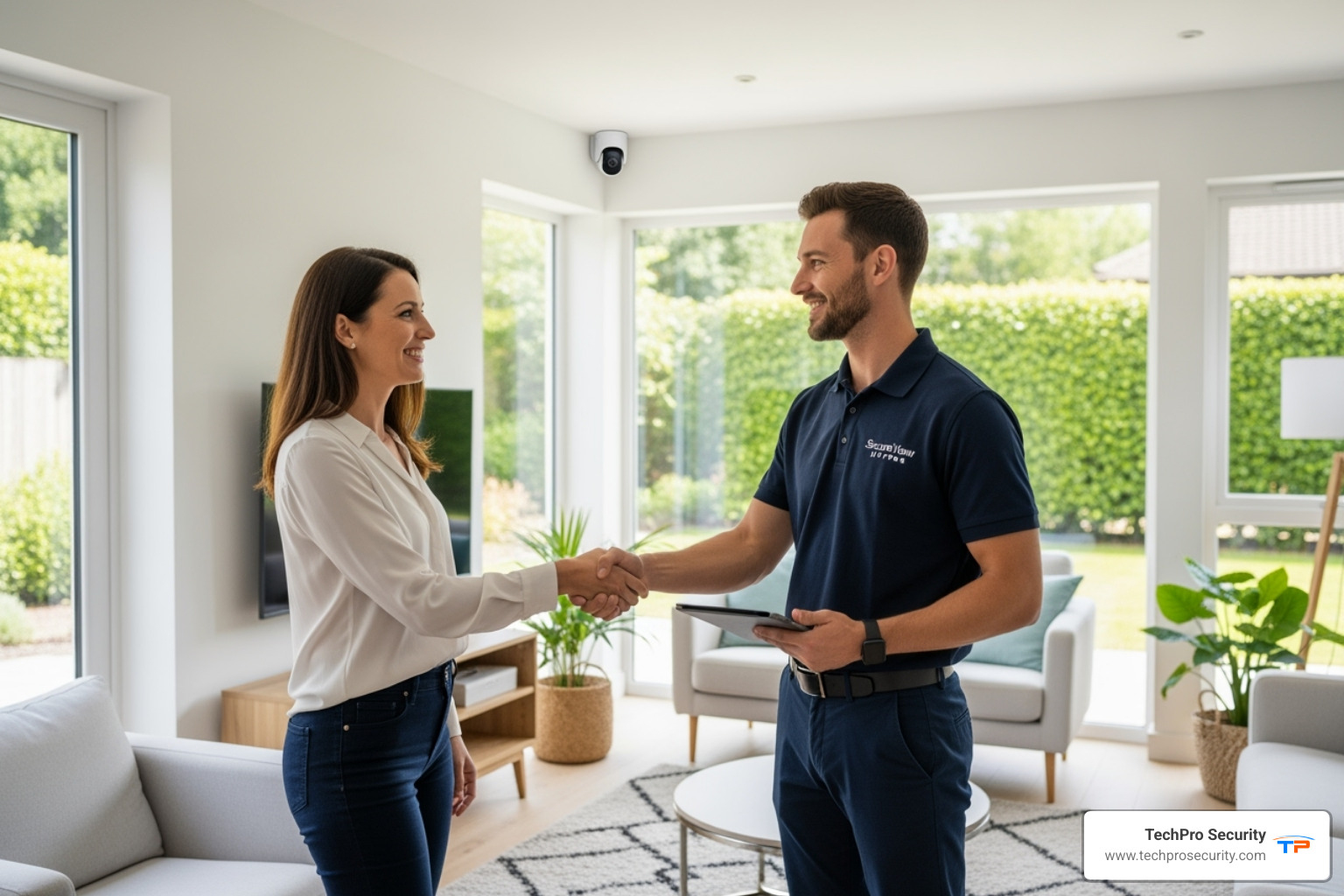 A homeowner shaking hands with a friendly, professional security camera installer after a successful installation - security cameras install near me