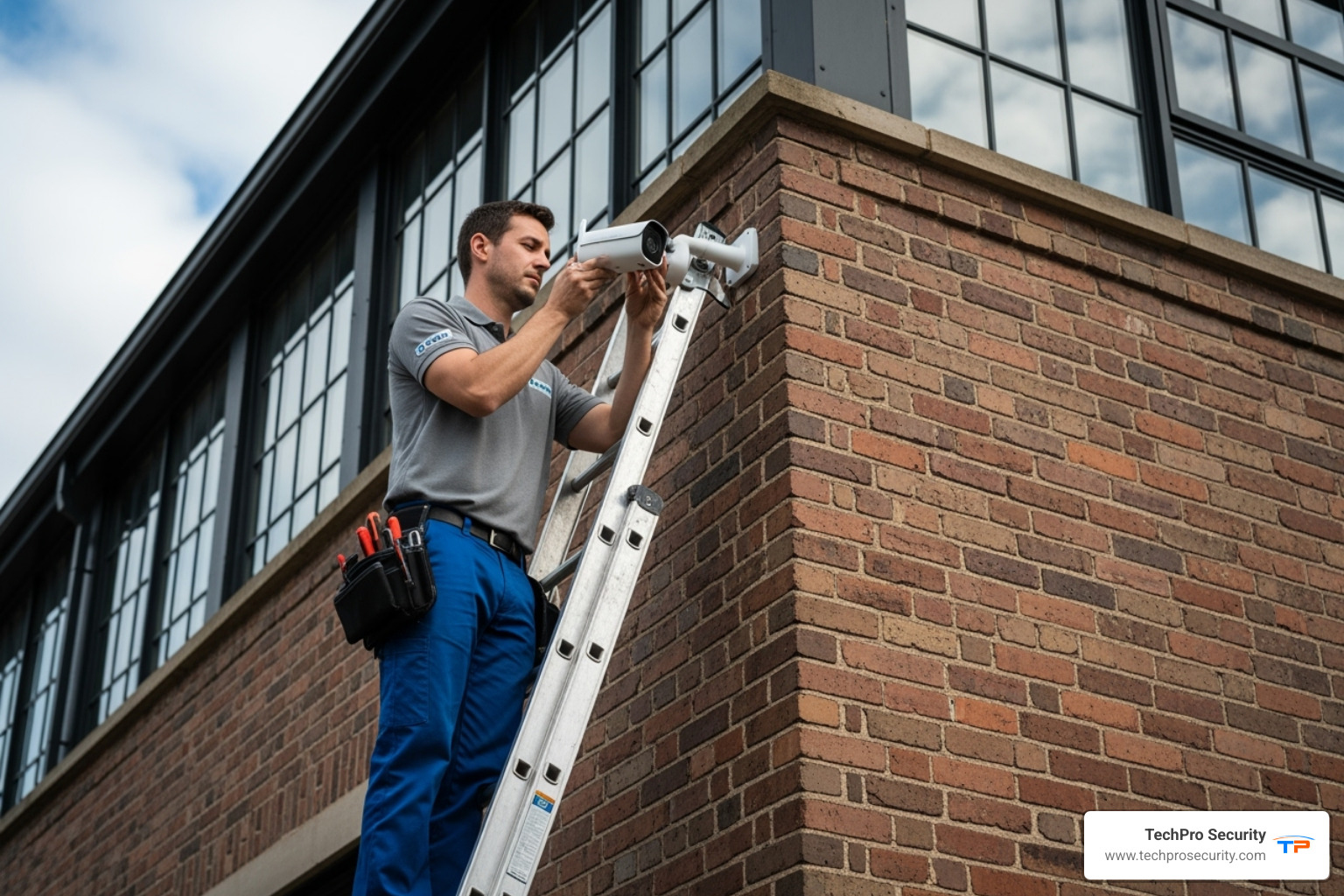 An installer carefully positioning an outdoor security camera on a ladder - security cameras install near me