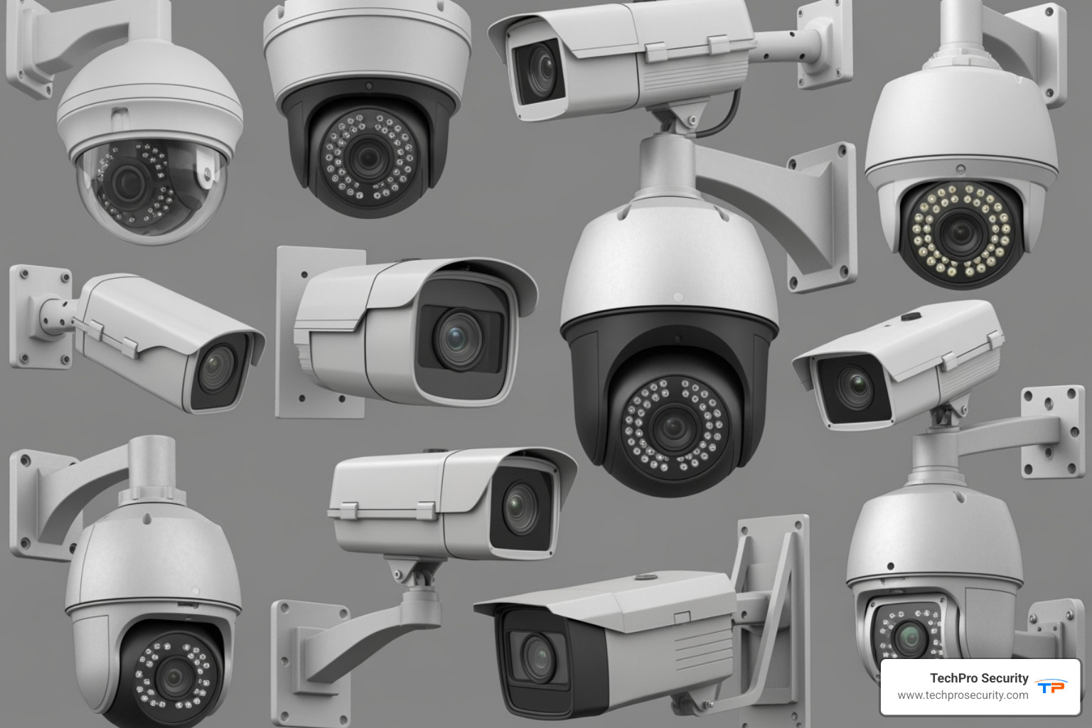 A collage showcasing various types of security cameras including dome, bullet, turret, and PTZ cameras - security cameras install near me
