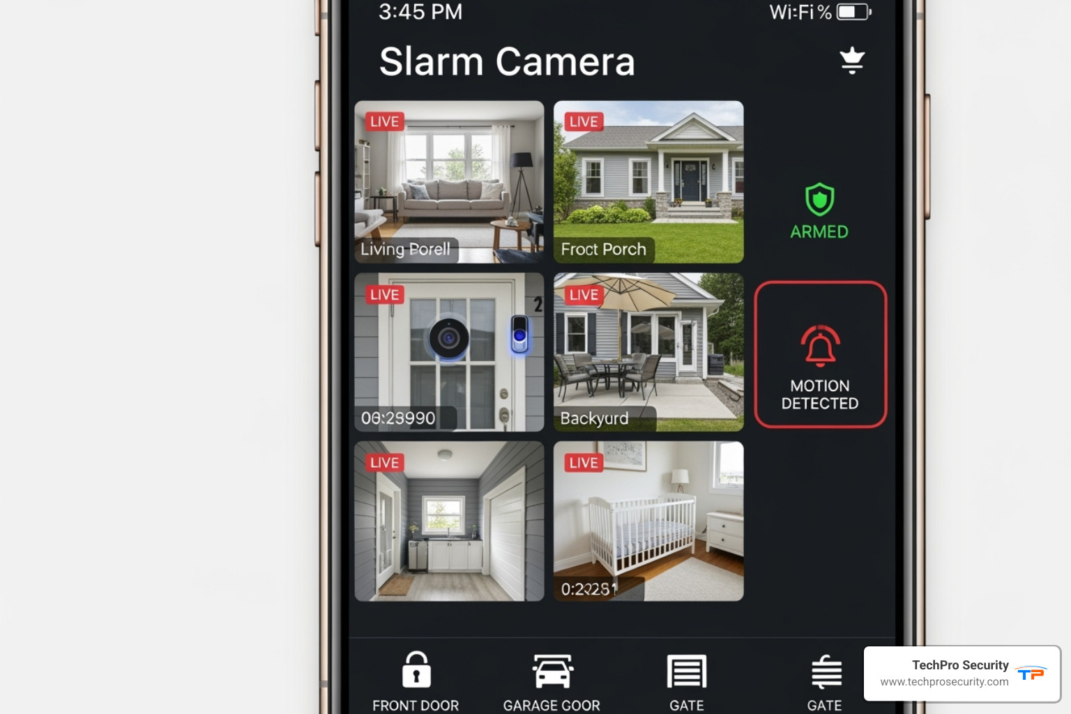 A smartphone dashboard displaying an integrated smart home security system with camera feeds, access control status, and alarm settings - security cameras install near me