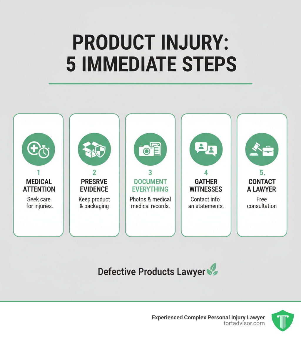 Infographic showing the first 5 steps after product injury: 1) Seek immediate medical attention for your injuries, 2) Preserve the defective product and all packaging without altering it, 3) Document your injuries with photos and keep all medical records, 4) Gather witness contact information and statements, 5) Contact an experienced defective products lawyer for a free consultation - defective products lawyer infographic Infographic showing the first 5 steps after product injury: 1) Seek immediate medical attention for your injuries, 2) Preserve the defective product and all packaging without altering it, 3) Document your injuries with photos and keep all medical records, 4) Gather witness contact information and statements, 5) Contact an experienced defective products lawyer for a free consultation - defective products lawyer infographic