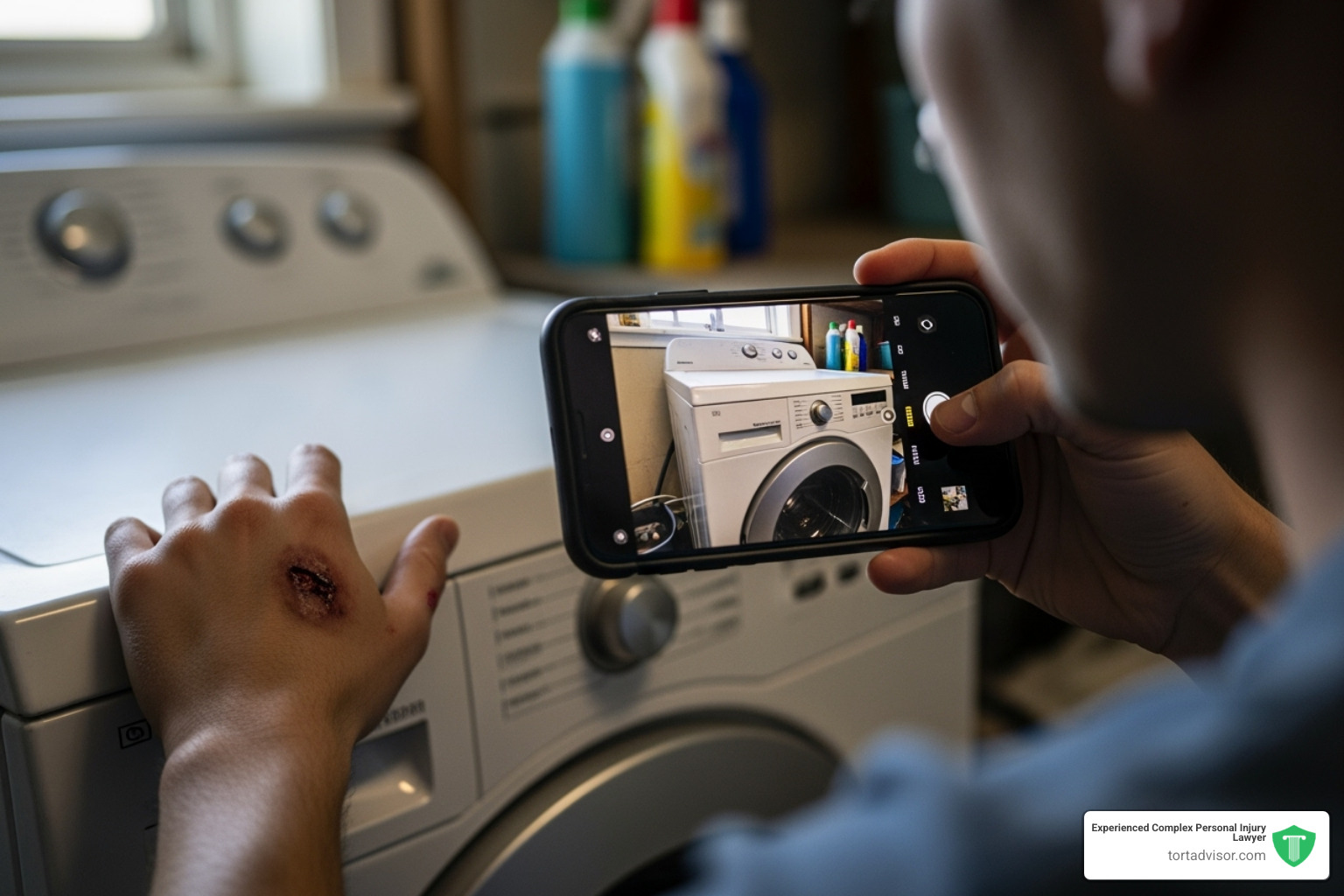 A person using their smartphone to take a photo of a damaged household appliance and a visible injury on their hand. - defective products lawyer A person using their smartphone to take a photo of a damaged household appliance and a visible injury on their hand. - defective products lawyer