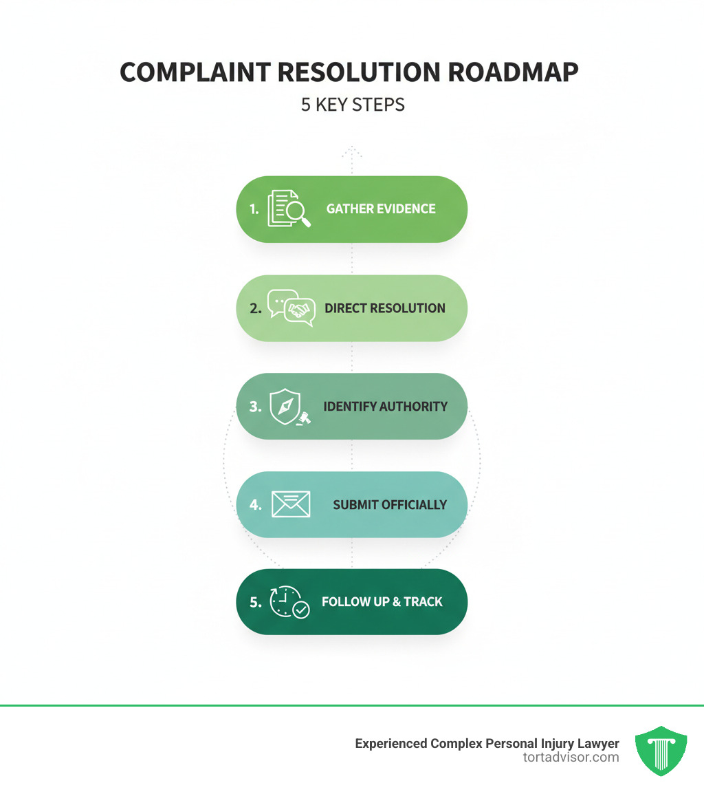 Infographic showing the 5 key steps to filing a complaint effectively: 1. Gather documentation and evidence, 2. Attempt direct resolution with the company, 3. Identify the correct government agency or authority, 4. Submit your complaint through official channels, 5. Follow up and track your complaint status - how to file complaint infographic  Infographic showing the 5 key steps to filing a complaint effectively: 1. Gather documentation and evidence, 2. Attempt direct resolution with the company, 3. Identify the correct government agency or authority, 4. Submit your complaint through official channels, 5. Follow up and track your complaint status - how to file complaint infographic
