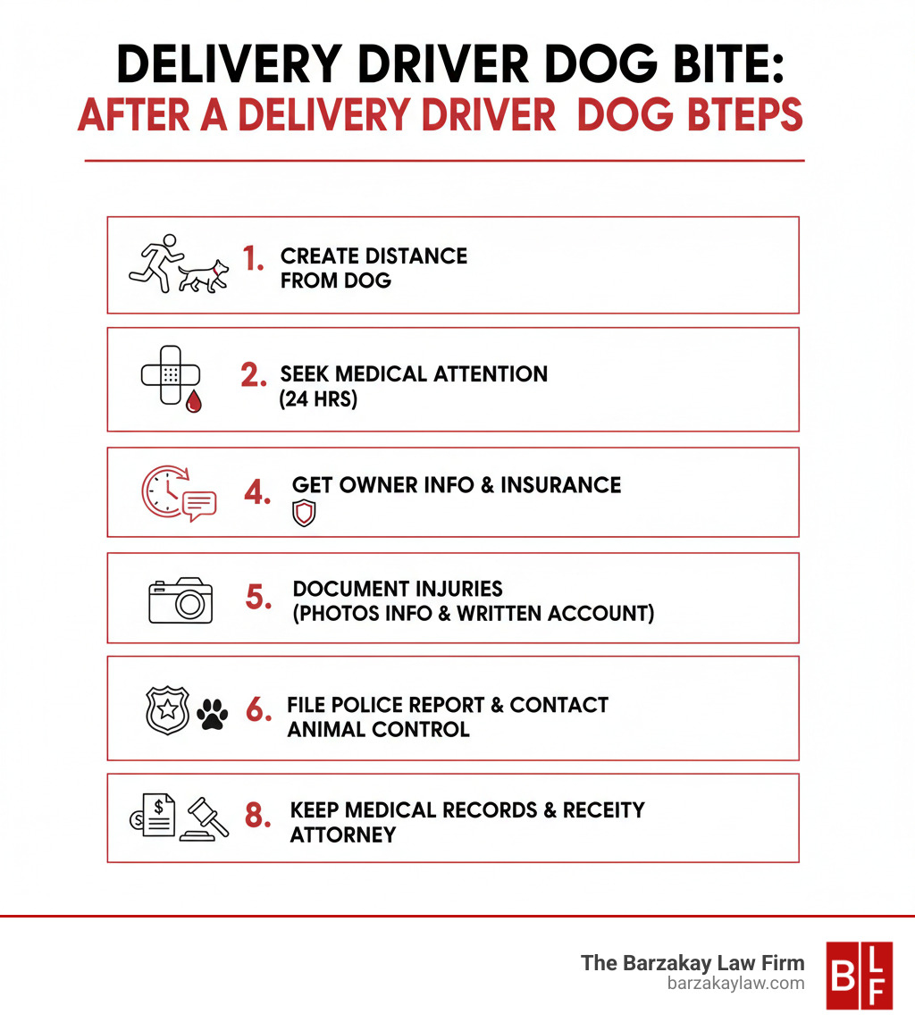 Infographic showing immediate steps after a delivery driver dog bite: 1) Create distance from the dog, 2) Seek immediate medical attention even for minor wounds, 3) Report the incident to your employer within 24 hours, 4) Gather dog owner's contact information and insurance details, 5) Document injuries with photos and written account, 6) File police report and contact animal control, 7) Keep all medical records and receipts, 8) Contact a personal injury attorney to understand your rights - delivery driver dog bite infographic 