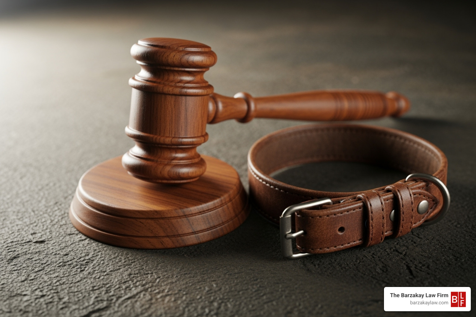 of a gavel next to a dog collar. - delivery driver dog bite