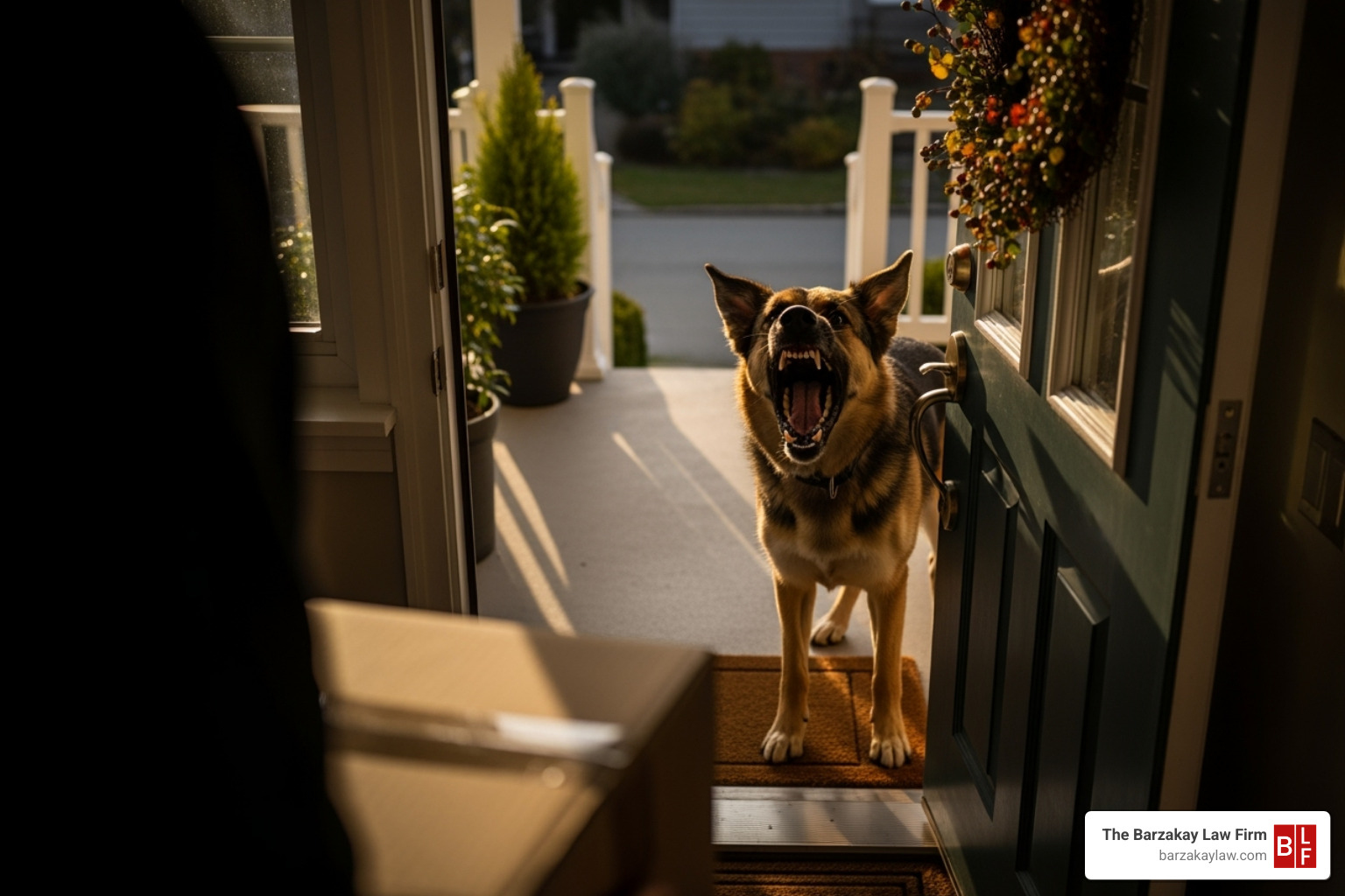 of a delivery driver's perspective looking at a dog barking from a doorway. - delivery driver dog bite