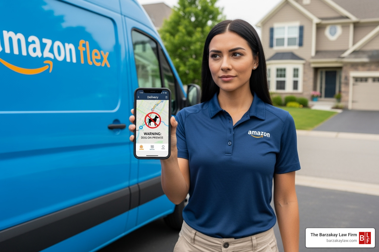 of an Amazon Flex driver using an app that shows a dog warning for a delivery address. - delivery driver dog bite