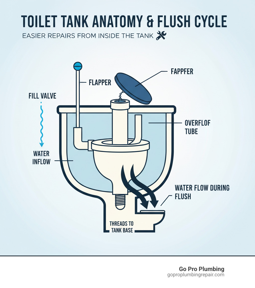 Detailed infographic showing toilet tank internal components including flush valve location, fill valve, flapper, overflow tube, and water flow direction during flush cycle - replacing toilet flush valve without removing tank infographic 