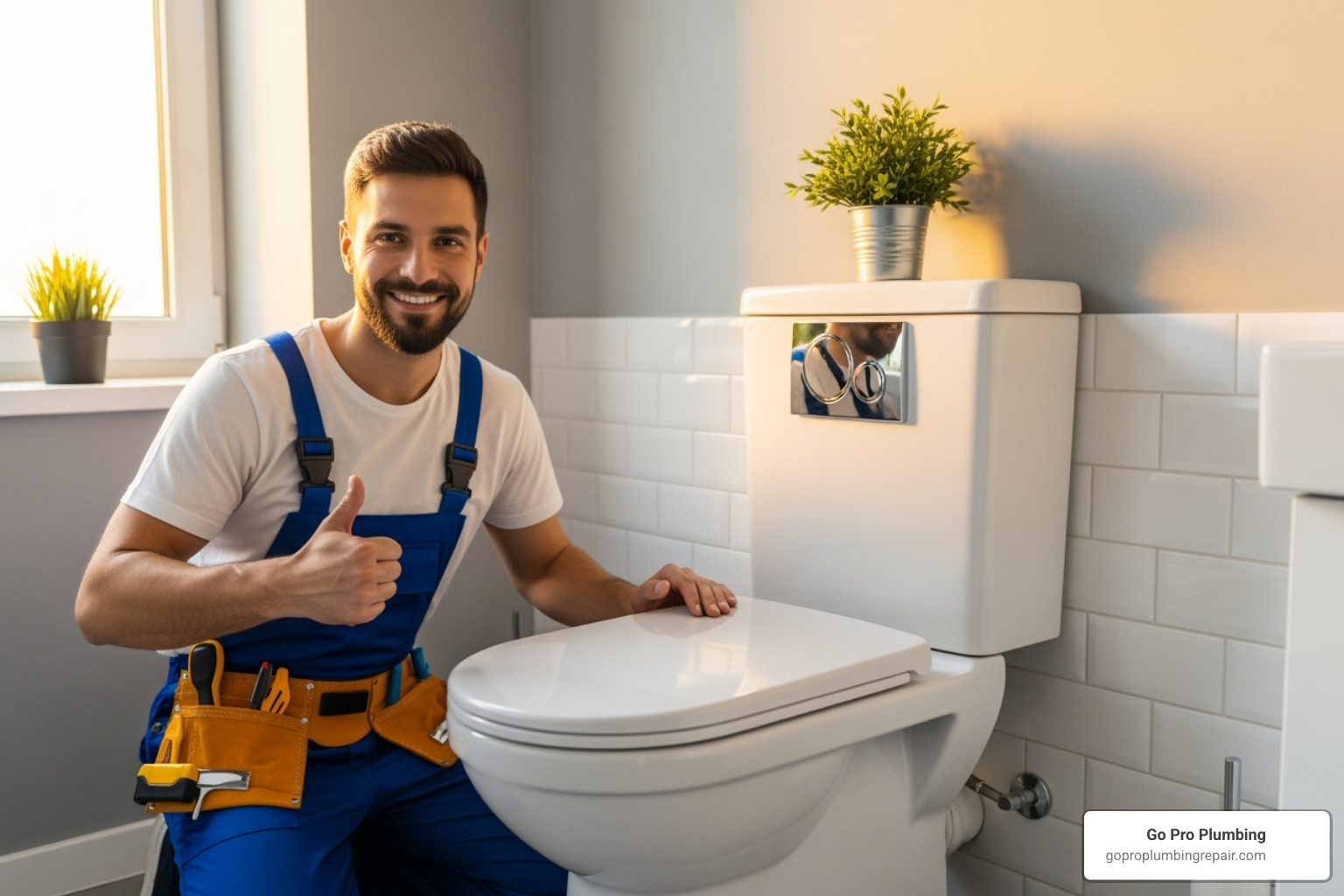 A smiling plumber giving a thumbs up next to a repaired toilet - replacing toilet flush valve without removing tank