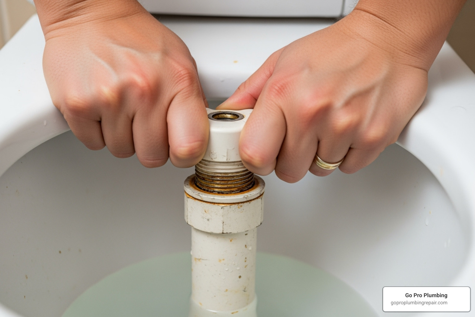 Hands twisting off an old toilet flush valve body from inside the tank - replacing toilet flush valve without removing tank