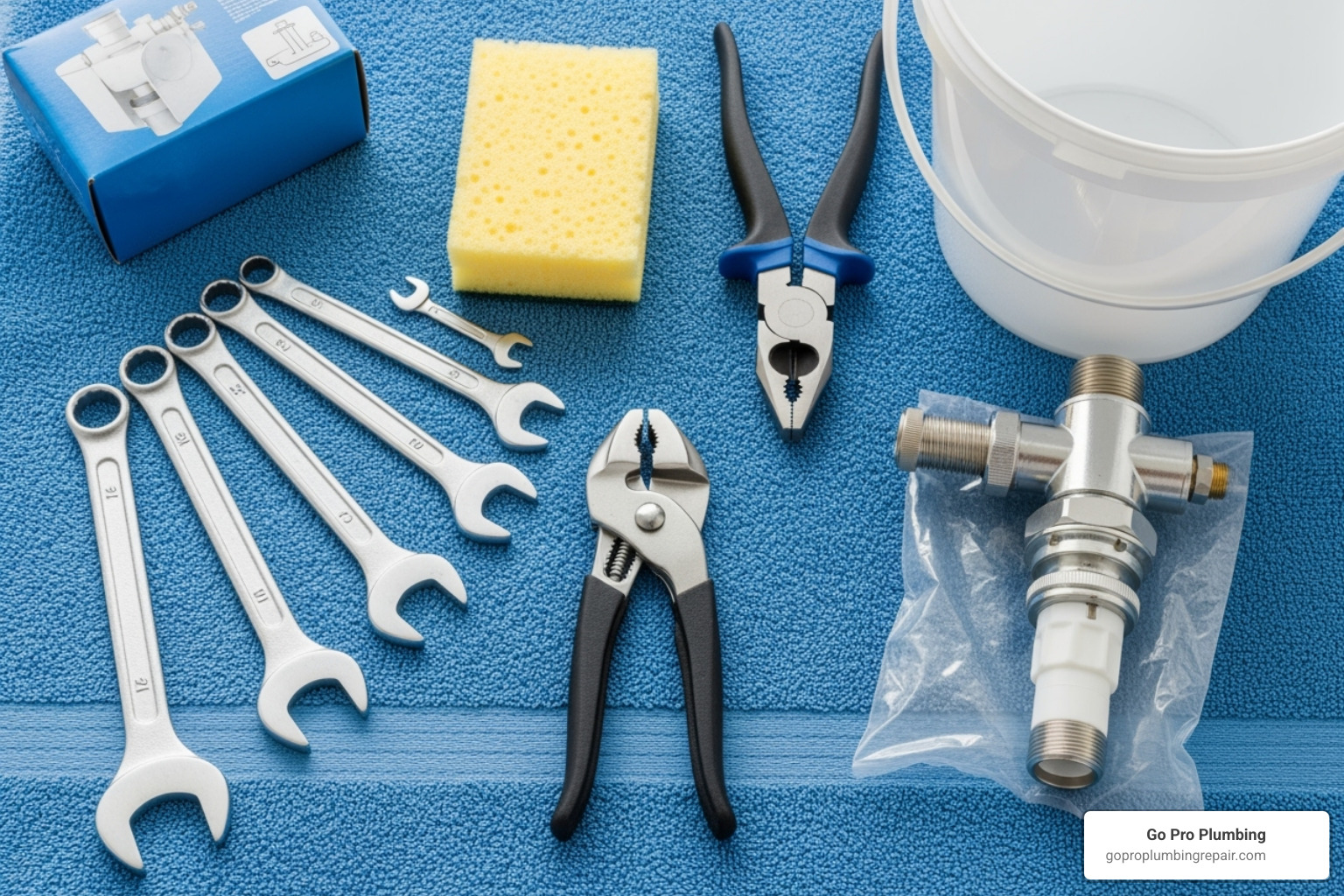 Tools for toilet repair laid out on a blue towel, including wrenches, pliers, sponge, bucket, and a new flush valve kit - replacing toilet flush valve without removing tank