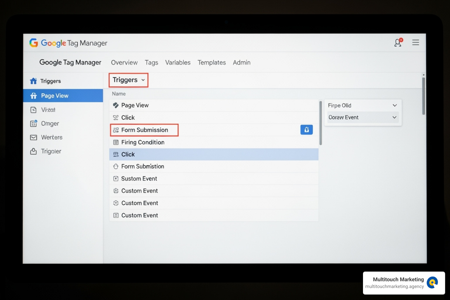 Google Tag Manager interface showing the Triggers section - form submission tracking