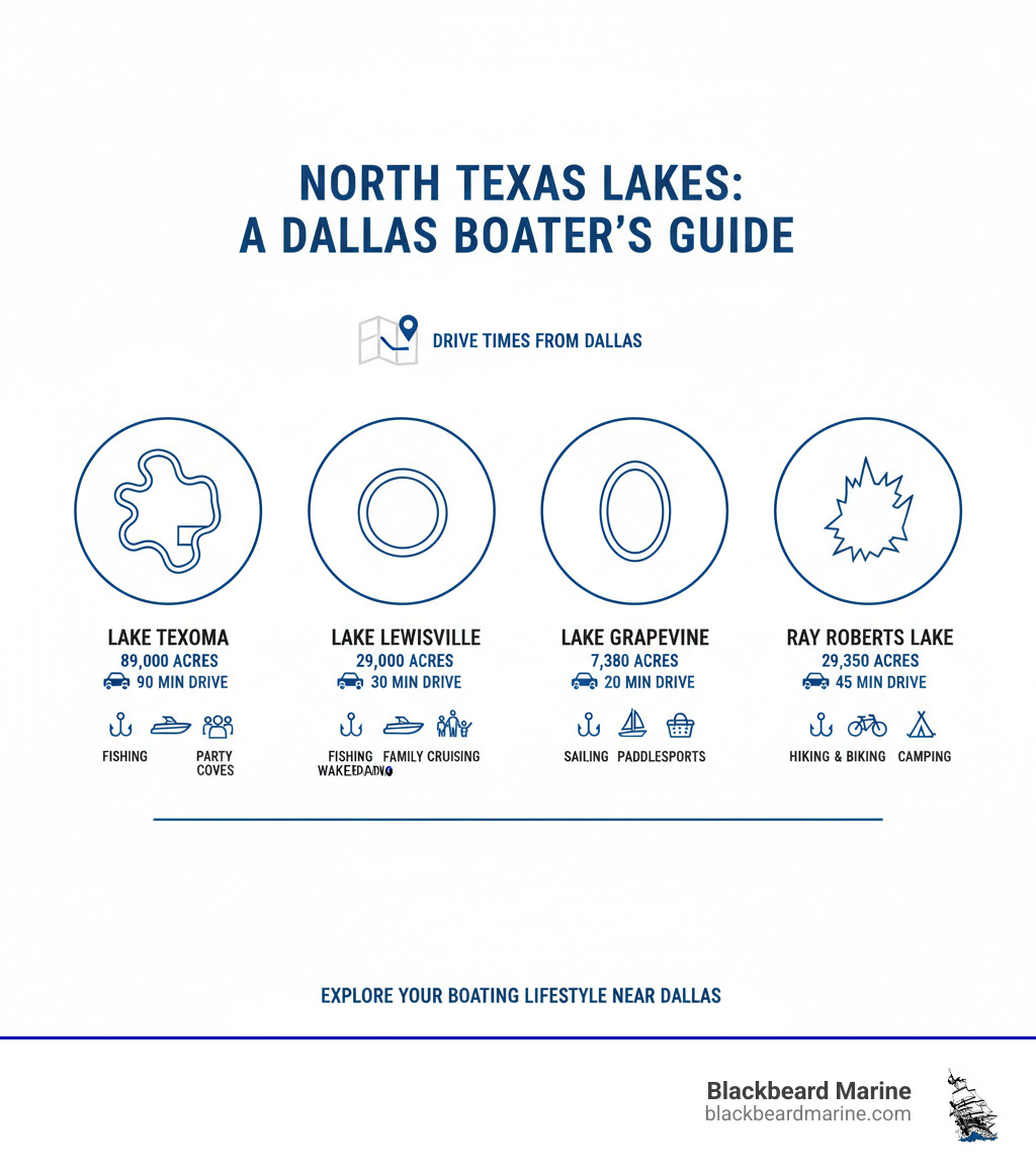 Comprehensive guide showing North Texas lakes within driving distance of Dallas, featuring Lake Texoma (89,000 acres), Lake Lewisville (29,000 acres), Lake Grapevine (7,380 acres), and Ray Roberts Lake (29,350 acres) with drive times and primary activities for each location - Boating Lifestyle Dallas and North Texas infographic 