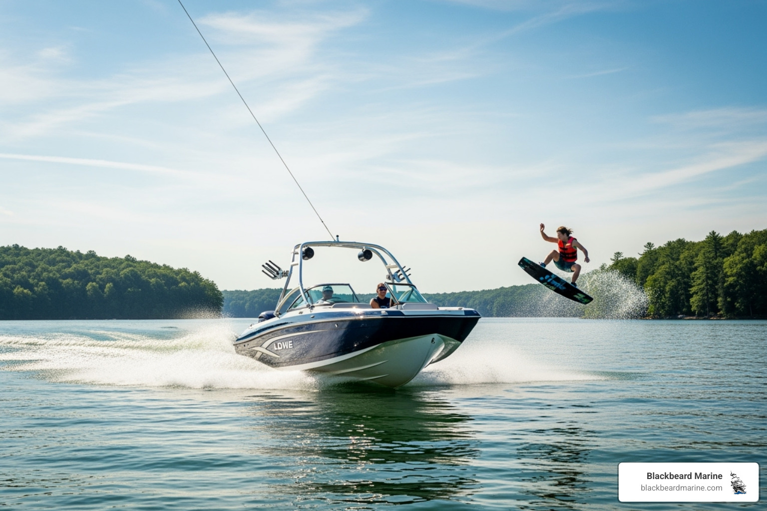 A Lowe boat with watersports accessories, creating a large wake for a wakeboarder - Boating Lifestyle Dallas and North Texas