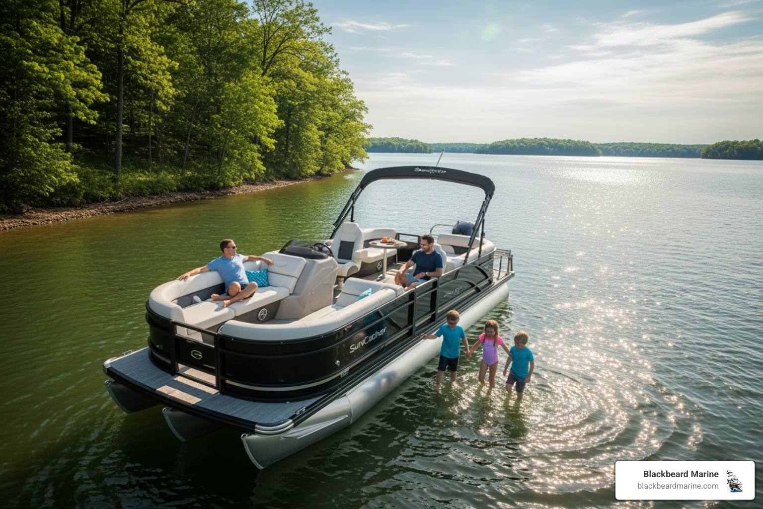 A Suncatcher pontoon boat from Blackbeard Marine's inventory anchored in a cove with a family enjoying the sun - Boating Lifestyle Dallas and North Texas