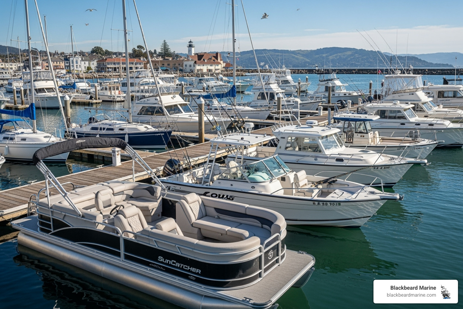A diverse lineup of boats at a marina, including Suncatcher pontoon, G3 fishing, and Lowe boats - Boating Lifestyle Dallas and North Texas