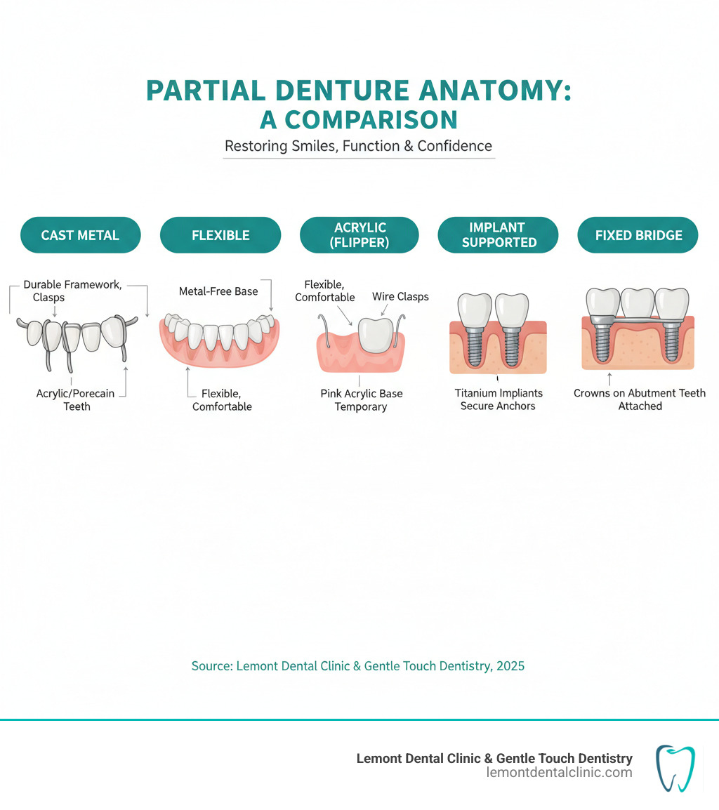Comprehensive comparison chart showing the anatomy of different partial denture types including cast metal frameworks with clasps, flexible thermoplastic materials without metal components, acrylic bases with wire clasps, implant-supported options with titanium anchors, and fixed bridge configurations attached to adjacent teeth - different types of partial dentures infographic 