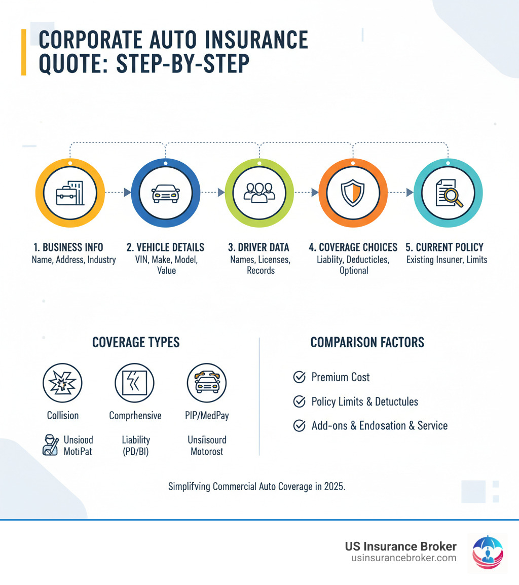 Detailed infographic showing the step-by-step process of obtaining a corporate auto insurance quote, including required documents, coverage types, and comparison factors between different policy options - corporate auto insurance quote infographic Detailed infographic showing the step-by-step process of obtaining a corporate auto insurance quote, including required documents, coverage types, and comparison factors between different policy options - corporate auto insurance quote infographic