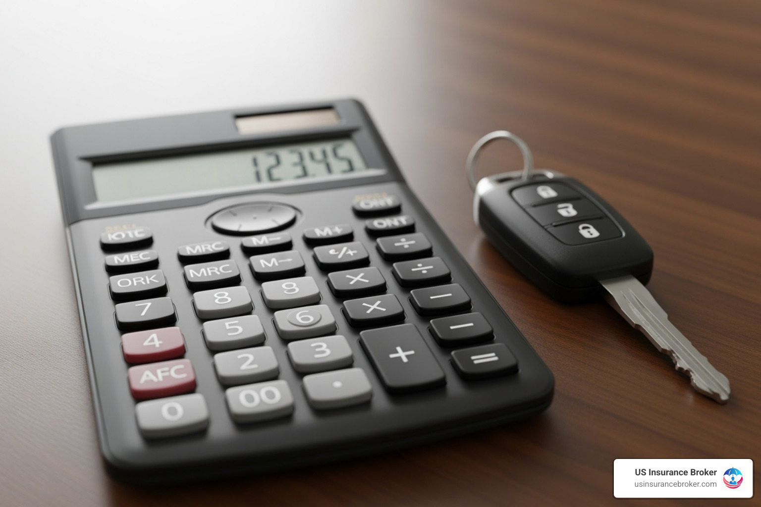 Calculator and vehicle keys on a desk - corporate auto insurance quote Calculator and vehicle keys on a desk - corporate auto insurance quote