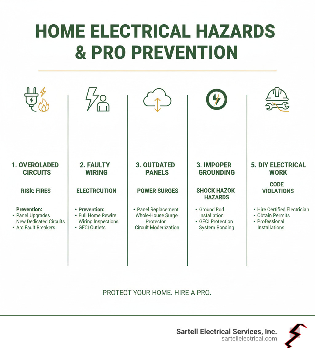 Infographic showing the top 5 electrical hazards in homes: overloaded circuits leading to fires, faulty wiring causing electrocution risk, outdated panels creating power surges, improper grounding resulting in shock hazards, and DIY electrical work leading to code violations - with professional prevention methods for each hazard - safe electric registered electrical contractor infographic 