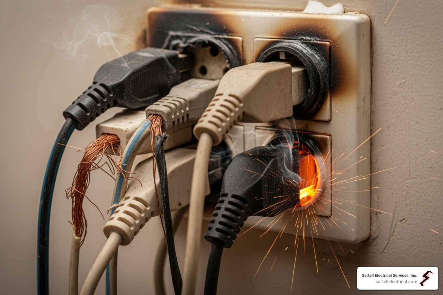 dangerously wired, overloaded electrical outlet - safe electric registered electrical contractor