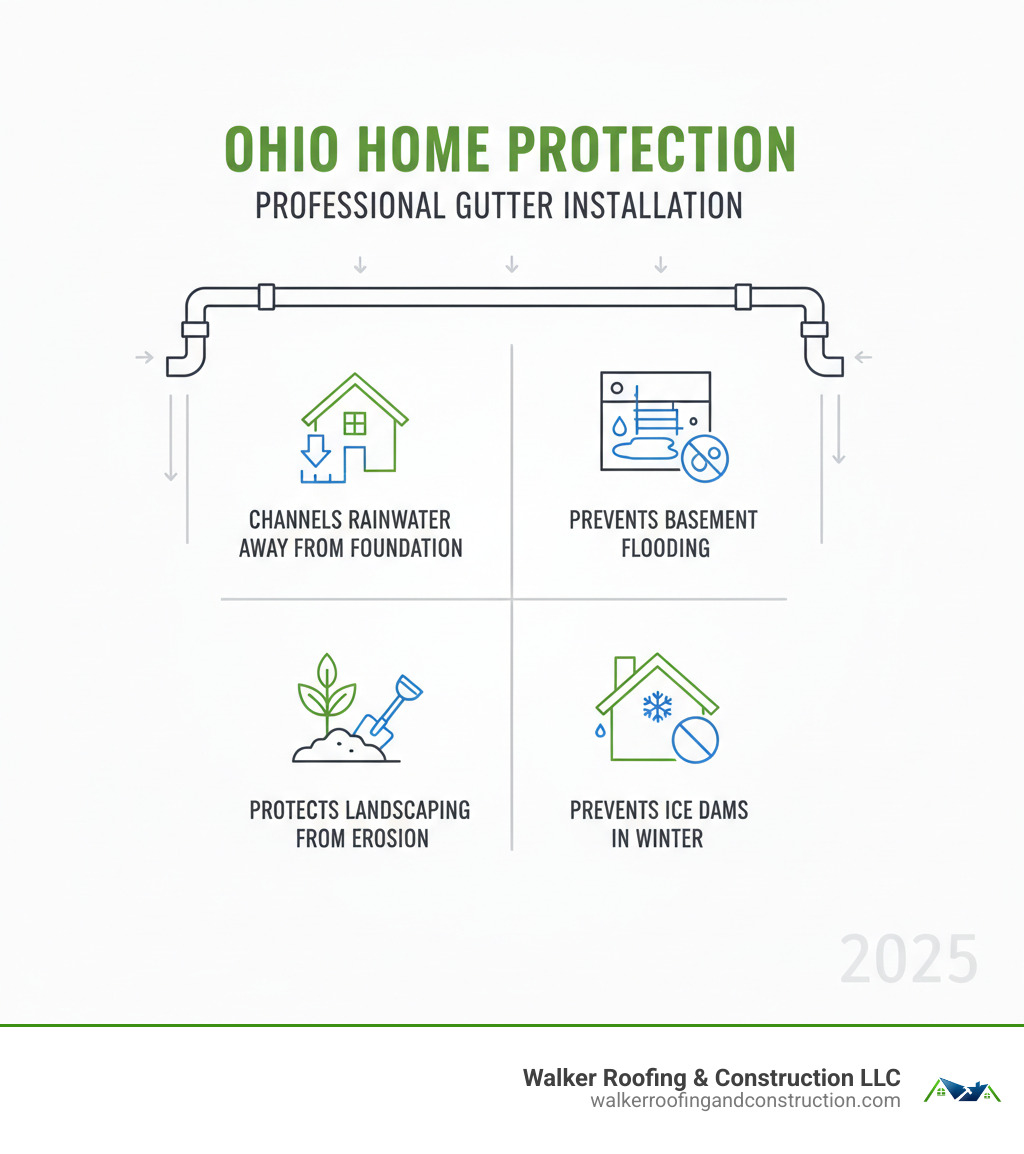Infographic showing how professional gutter installation protects an Ohio home by channeling rainwater away from the foundation, preventing basement flooding, protecting landscaping from erosion, and preventing ice dam formation during winter months - gutter installation ohio infographic Infographic showing how professional gutter installation protects an Ohio home by channeling rainwater away from the foundation, preventing basement flooding, protecting landscaping from erosion, and preventing ice dam formation during winter months - gutter installation ohio infographic