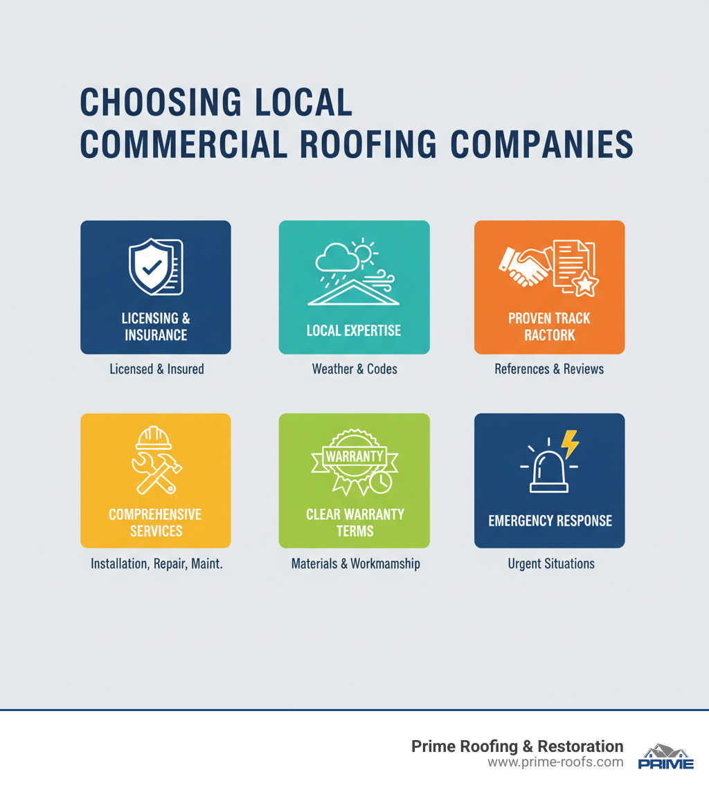 Infographic showing the key factors to consider when choosing local commercial roofing companies: licensing and insurance verification, local expertise in weather patterns, proven track record with references, comprehensive service offerings, clear warranty terms, and emergency response capabilities - local commercial roofing companies infographic 