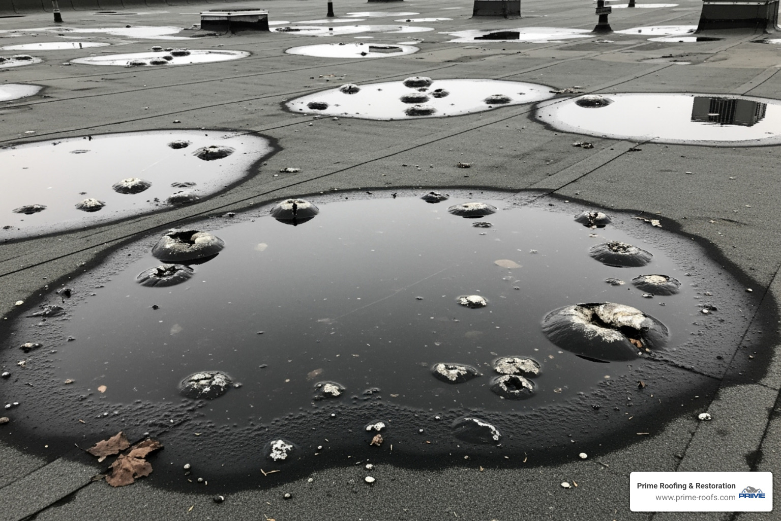 commercial roof with visible ponding water and blistering - local commercial roofing companies