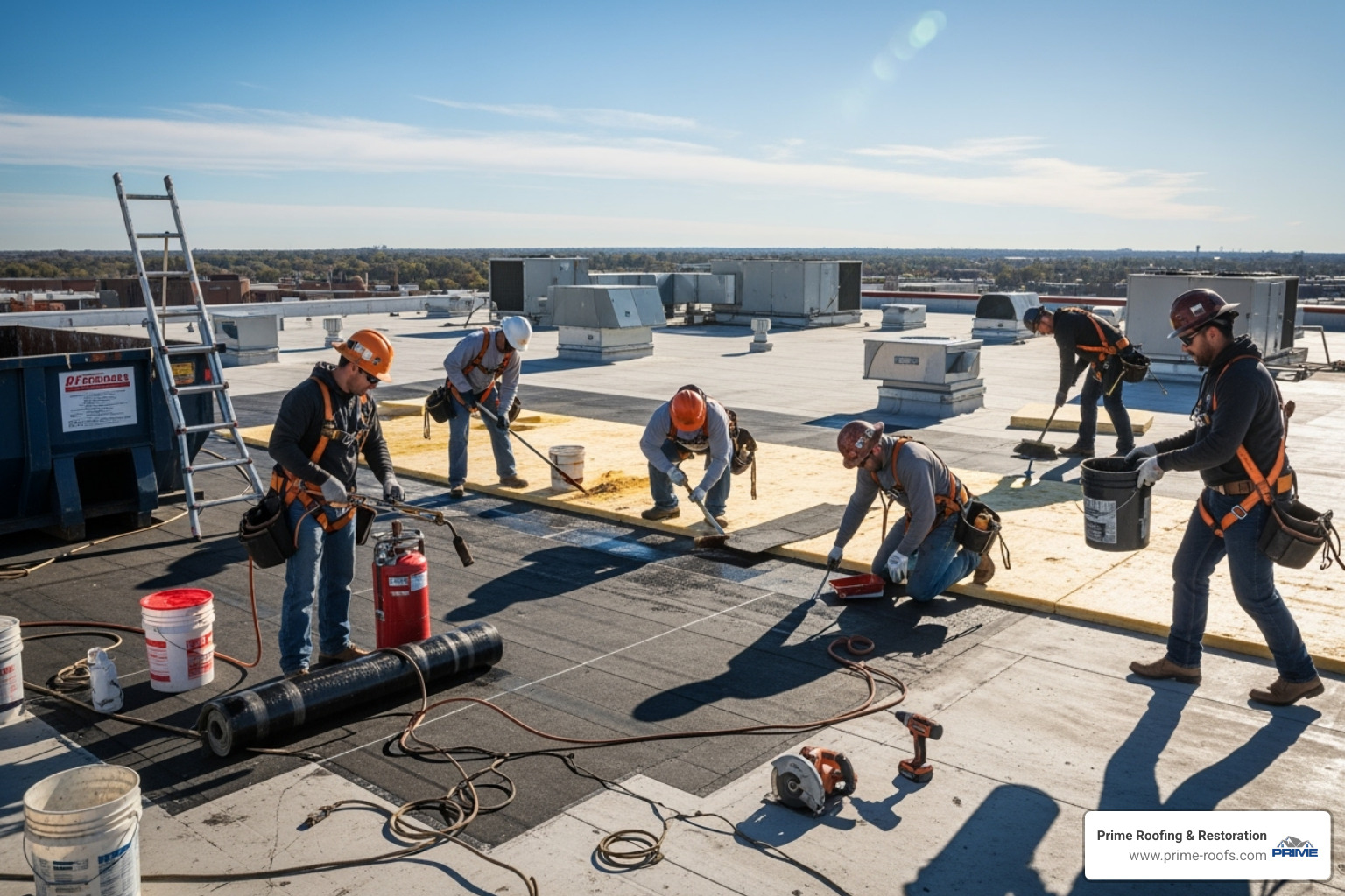 professional roofing crew in safety gear working on a large commercial roof - local commercial roofing companies