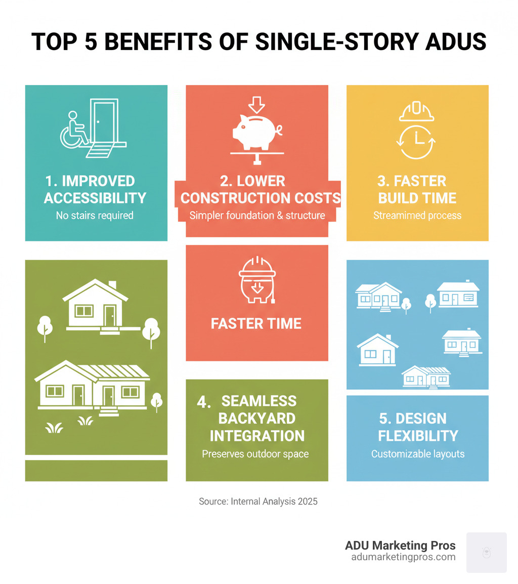 Infographic showing the top 5 benefits of single-story ADUs: 1. Improved Accessibility with no stairs required, 2. Lower Construction Costs due to simpler foundation and structural requirements, 3. Faster Build Time with streamlined construction process, 4. Seamless Backyard Integration that preserves outdoor space, 5. Design Flexibility with customizable layouts and architectural styles - Single story ADU plans infographic 