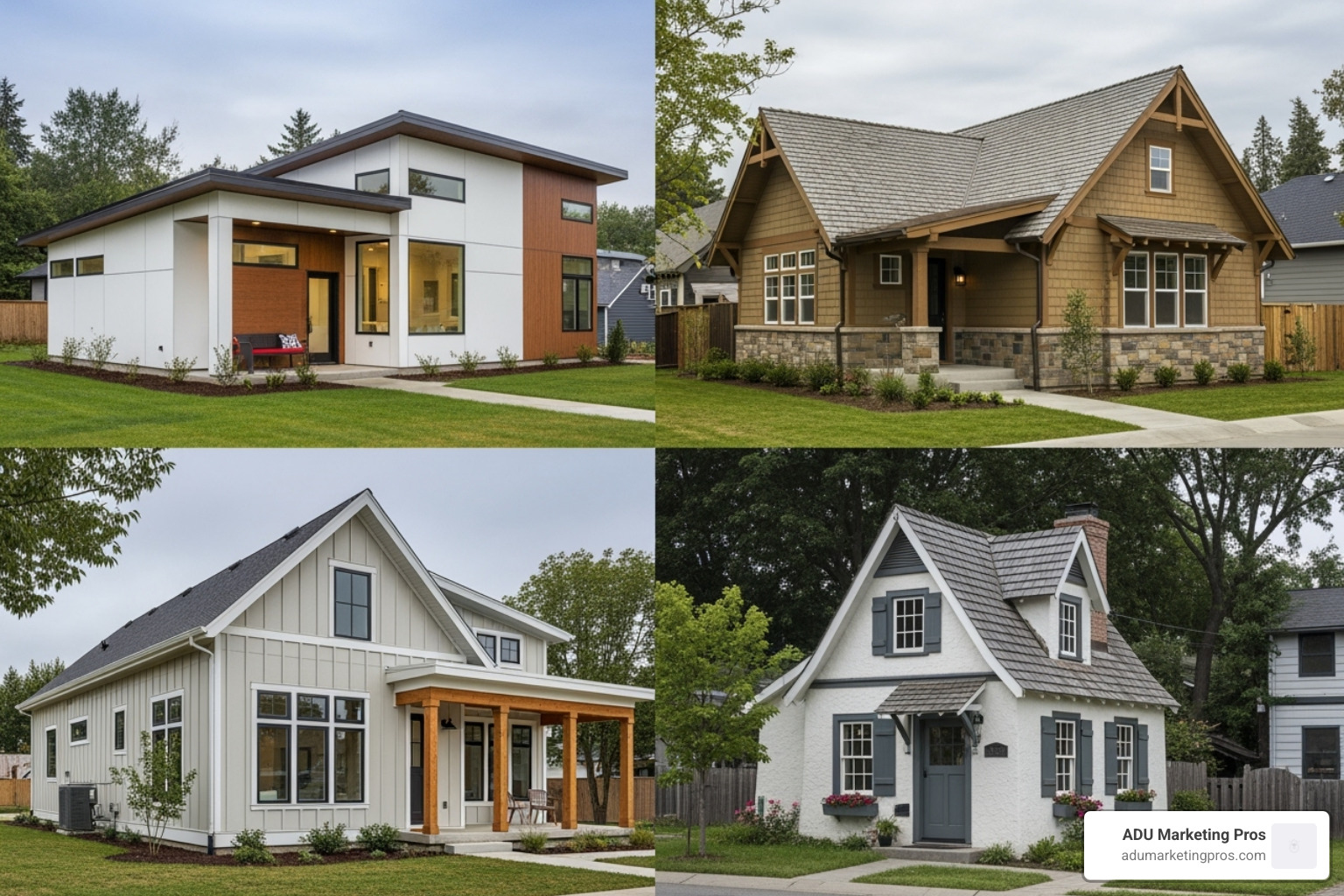 A collage showcasing four different single-story ADUs: Modern, Craftsman, Modern Farmhouse, and Cottage style - Single story ADU plans