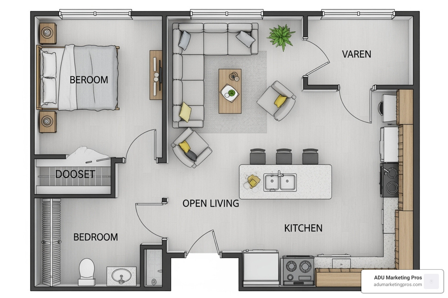 A clear, top-down 1-bedroom ADU floor plan, highlighting the separate bedroom and open living/kitchen area - Single story ADU plans