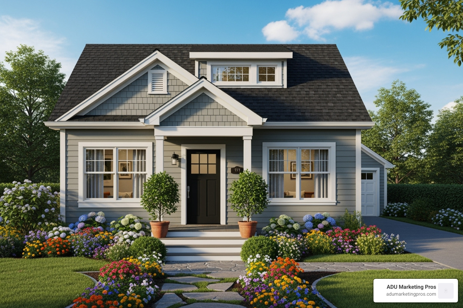 A welcoming two-bedroom ADU exterior with a small porch and garden, suggesting a family-friendly atmosphere - Single story ADU plans