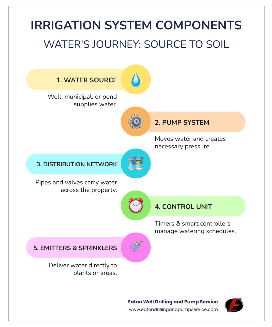 Comprehensive breakdown showing water source, pump types, distribution methods, controllers, and end-point irrigation components with flow arrows indicating water movement through the system - pump and irrigation supply infographic infographic-line-5-steps-colors