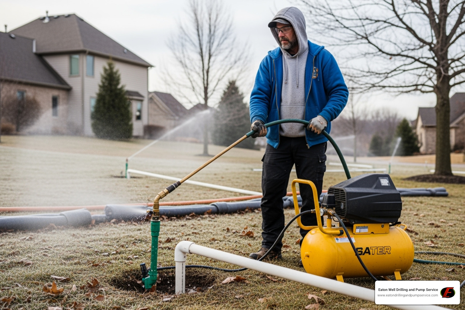 professional using an air compressor to winterize an irrigation system - pump and irrigation supply